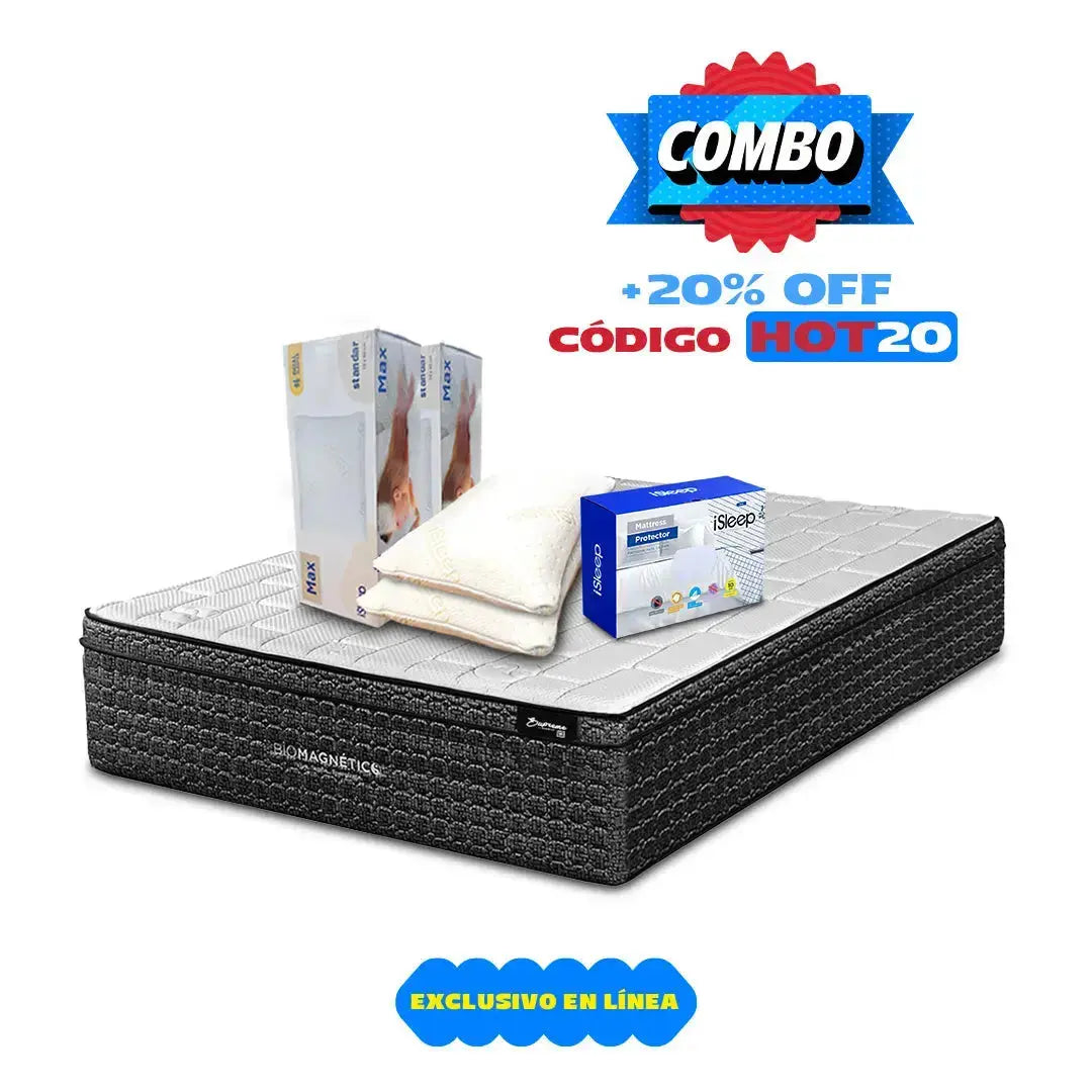 Combo Supreme Midnight Matrimonial + Protector + 2 Almohadas de Memory Foam Biomagnético